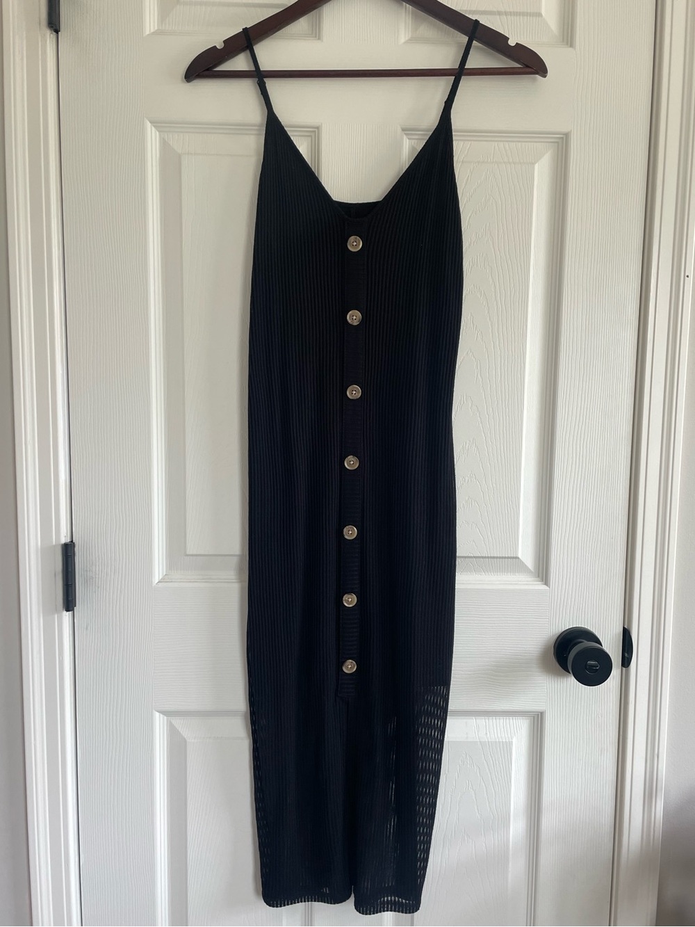 Express Black Ribbed Button-Front Midi Slip Dress Capsule Wardrobe Minimalist